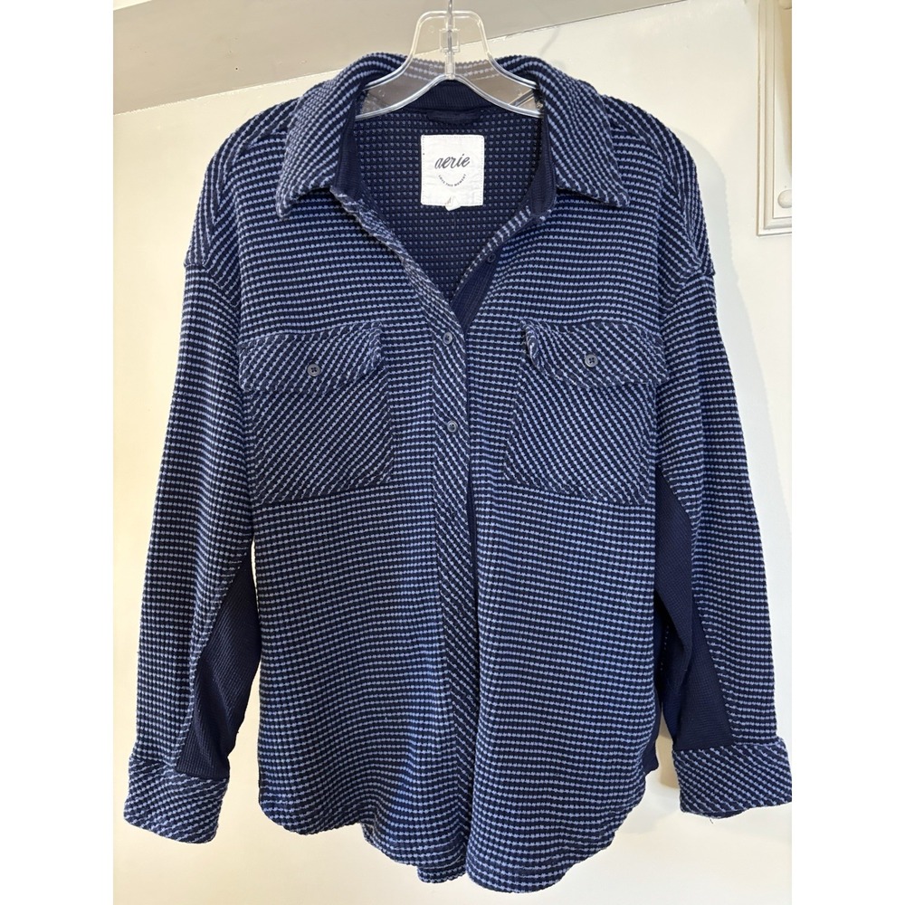 AERIE Blue‎ Thermal Waffle Knit Button Up S Lumber Jane